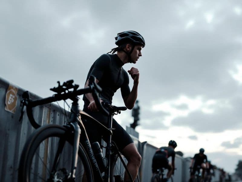 A cyclist standing beside their bike at a race start line, looking contemplative