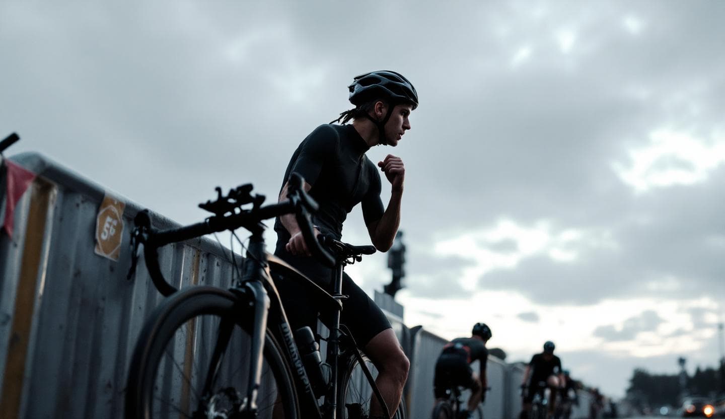A cyclist standing beside their bike at a race start line, looking contemplative